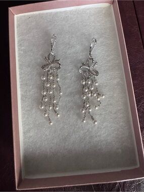 Silver Pearl Cascade Bow Drop Earrings
